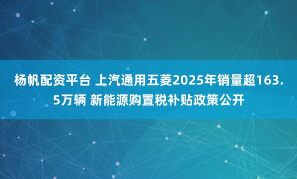 杨帆配资平台 上汽通用五菱2025年销量超163.5万辆 新能源购置税补贴政策公开